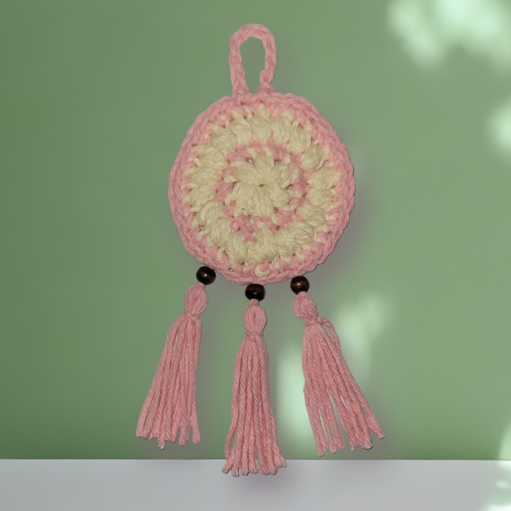 🌙 Crochet Dream Catcher · Pink & Cream · 8"